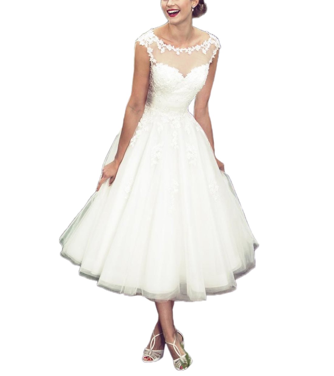 Blyzera Women's Elegant Sheer Vintage Short Lace Wedding Dress For Bride