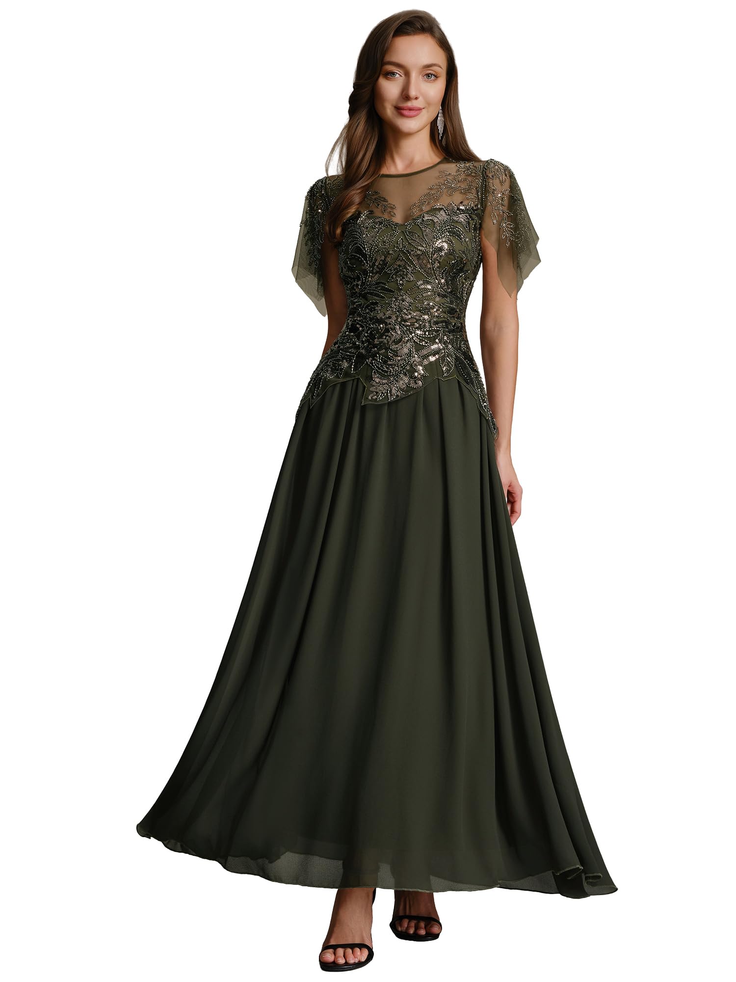 Blyzera Women's Ever-Pretty Sequin Crew Neck Formal Dress Embroidered Floor Length A Line Mother Of Bride Dresses 02675