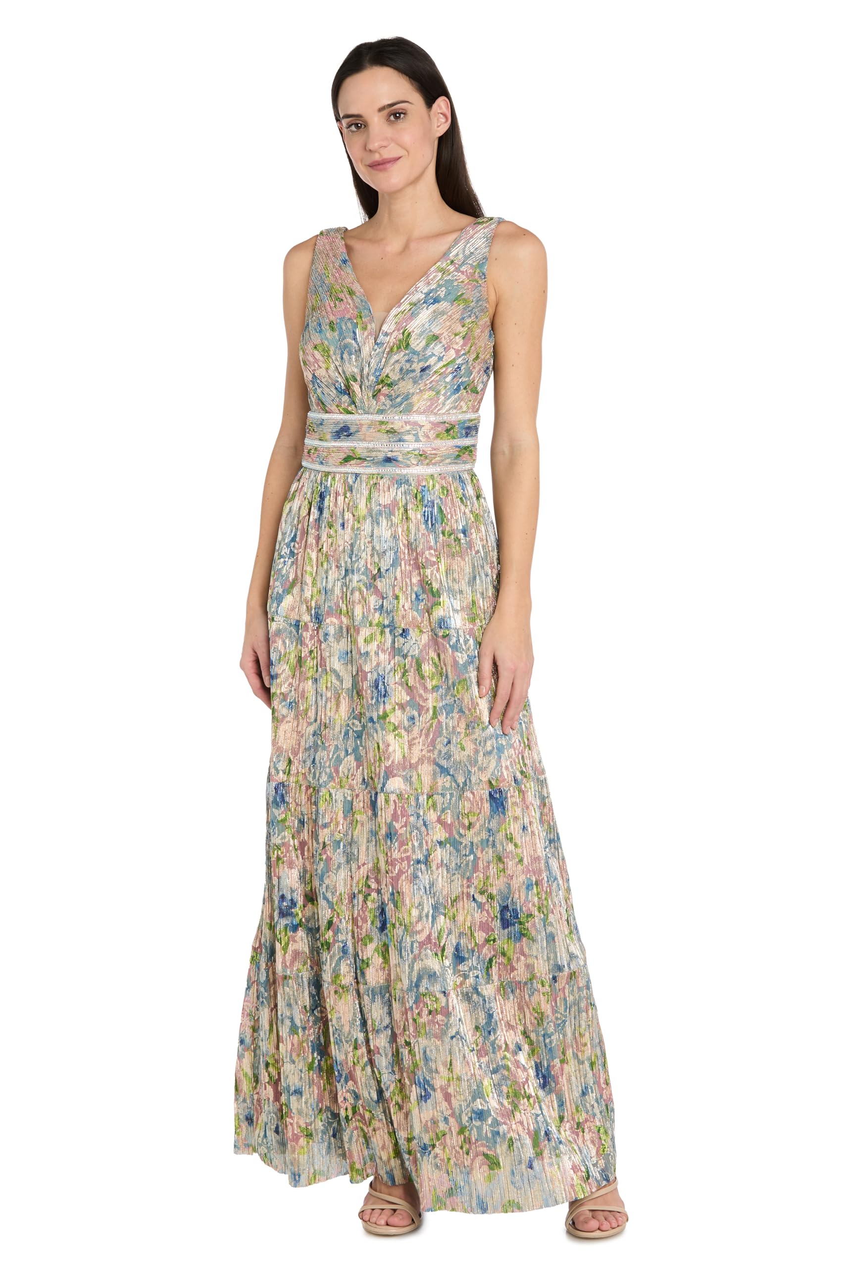 Blyzera Women's Floral Metallic Crinkle Gown W Rhinestone Waist - Sleeveless V-Neck Evening, Cocktail Dress