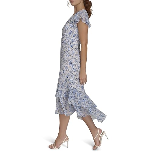 Blyzera Women's Flutter Sleeve V-Neck Ruffle Trim Hi-Lo Midi Dress Elegant - Image 4