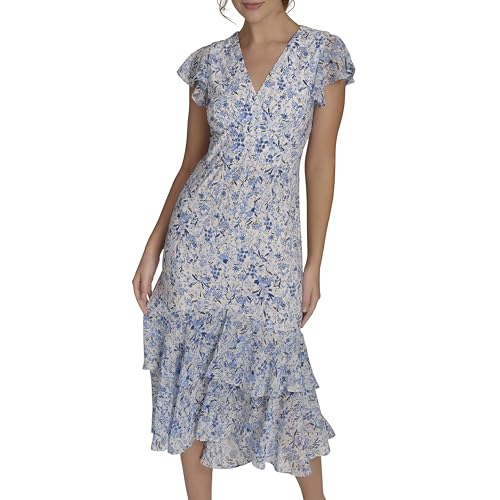 Blyzera Women's Flutter Sleeve V-Neck Ruffle Trim Hi-Lo Midi Dress Elegant - Image 3