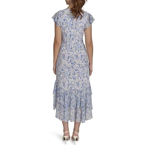 Blyzera Women's Flutter Sleeve V-Neck Ruffle Trim Hi-Lo Midi Dress Elegant - Image 5