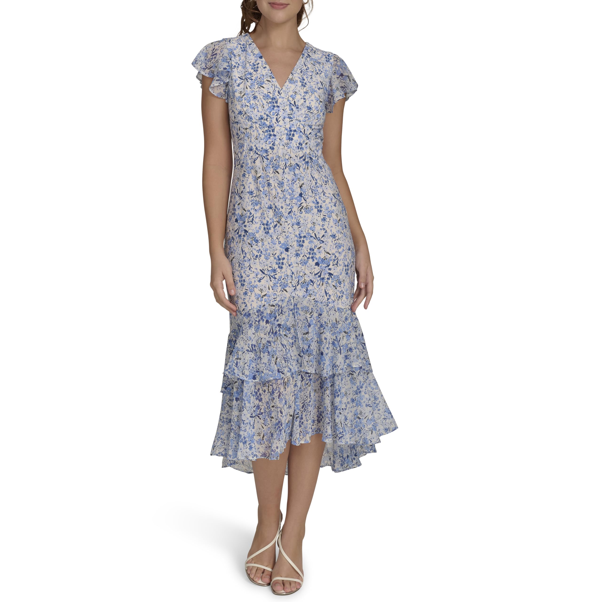Blyzera Women's Flutter Sleeve V-Neck Ruffle Trim Hi-Lo Midi Dress Elegant