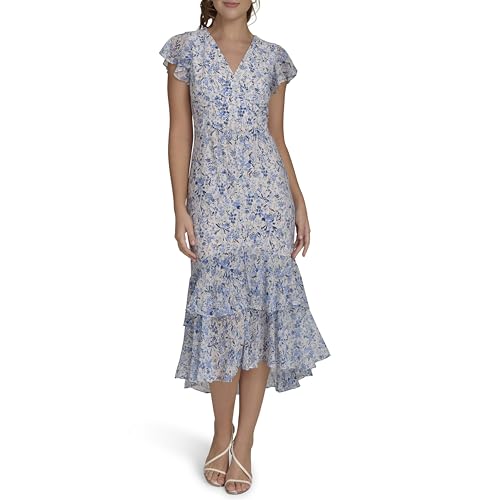 Alternative view of Blyzera Women's Flutter Sleeve V-Neck Ruffle Trim Hi-Lo Midi Dress Elegant