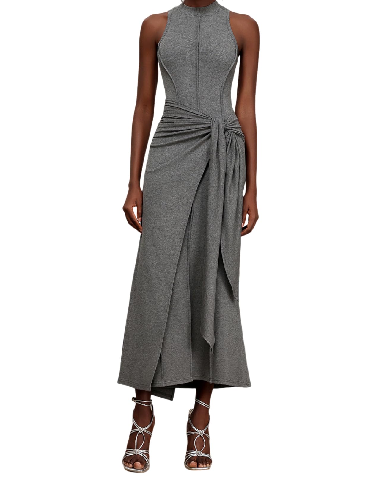 Blyzera Women's Gray Bodycon Mock Neck Sleeveless Slit Maxi Evening Dress Elegant Ruched Knot Streamer Wrap Summer Dress