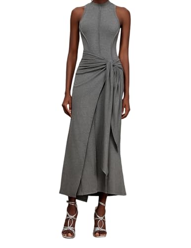 Alternative view of Blyzera Women's Gray Bodycon Mock Neck Sleeveless Slit Maxi Evening Dress Elegant Ruched Knot Streamer Wrap Summer Dress