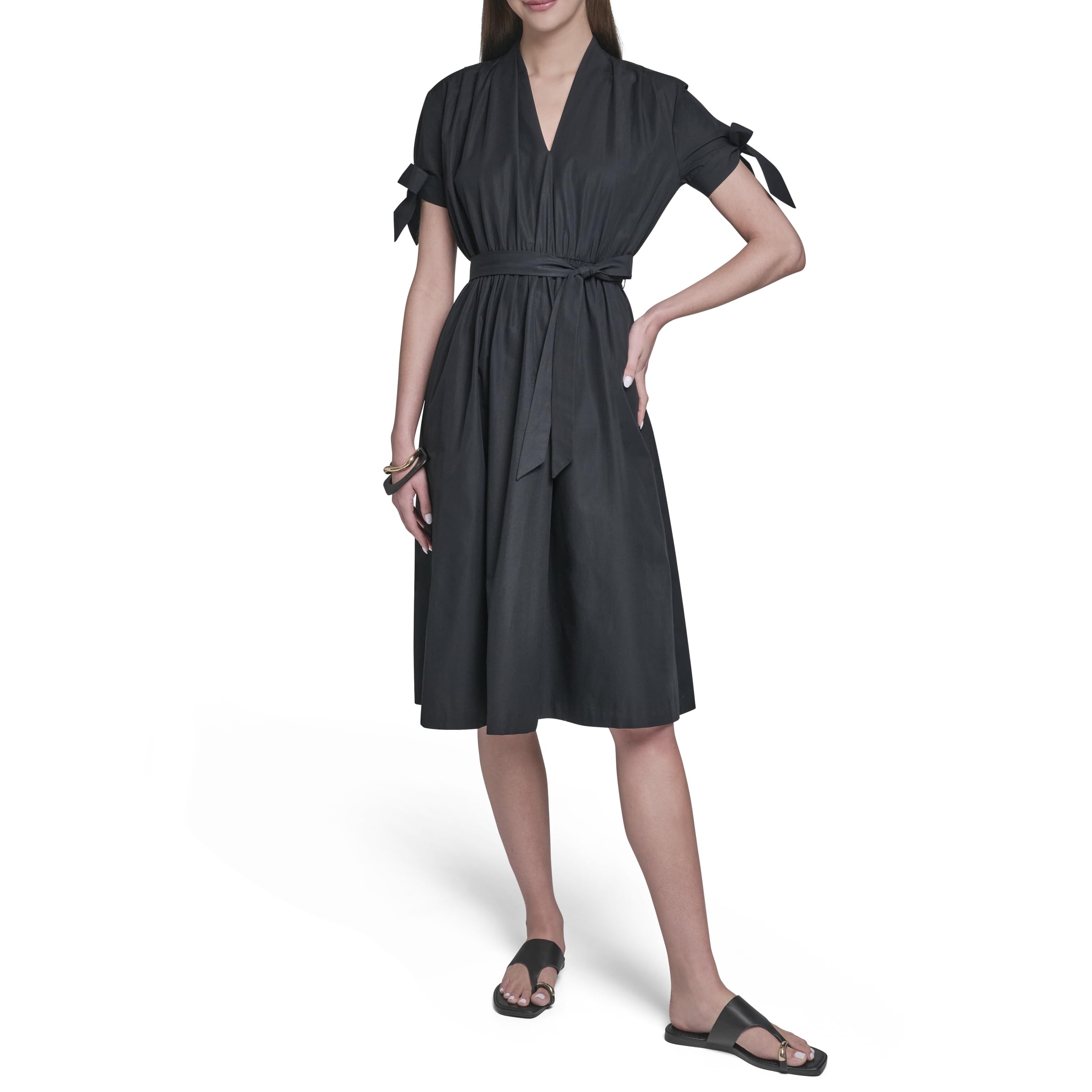 Blyzera Women's Halston Tie Sleeve Midi Cotton Sun Dress Elegant Occasion