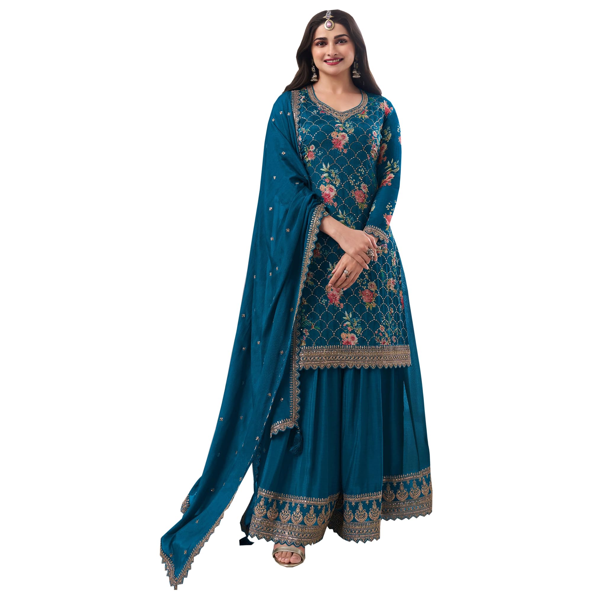 Blyzera Women's Indian Plus Size Ornamented Salwar Kameez Sharara Dupion Outfit Reception Sangeet Fashion Sewn Dress