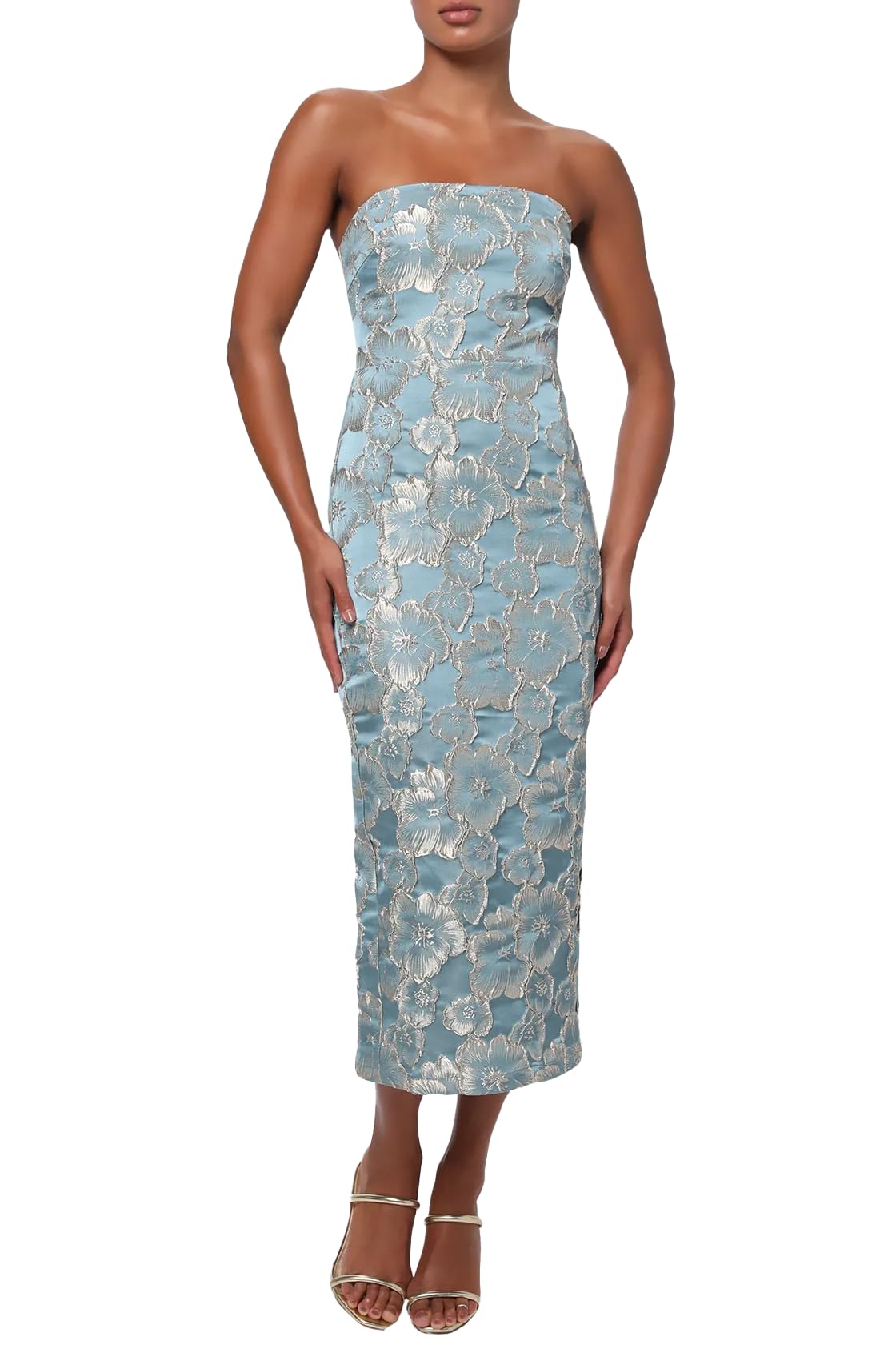 Blyzera Women's Isla Strapless Midi Dress For Women Floral Jacquard Strapless Elegant Column Fit Evening Party Cocktail