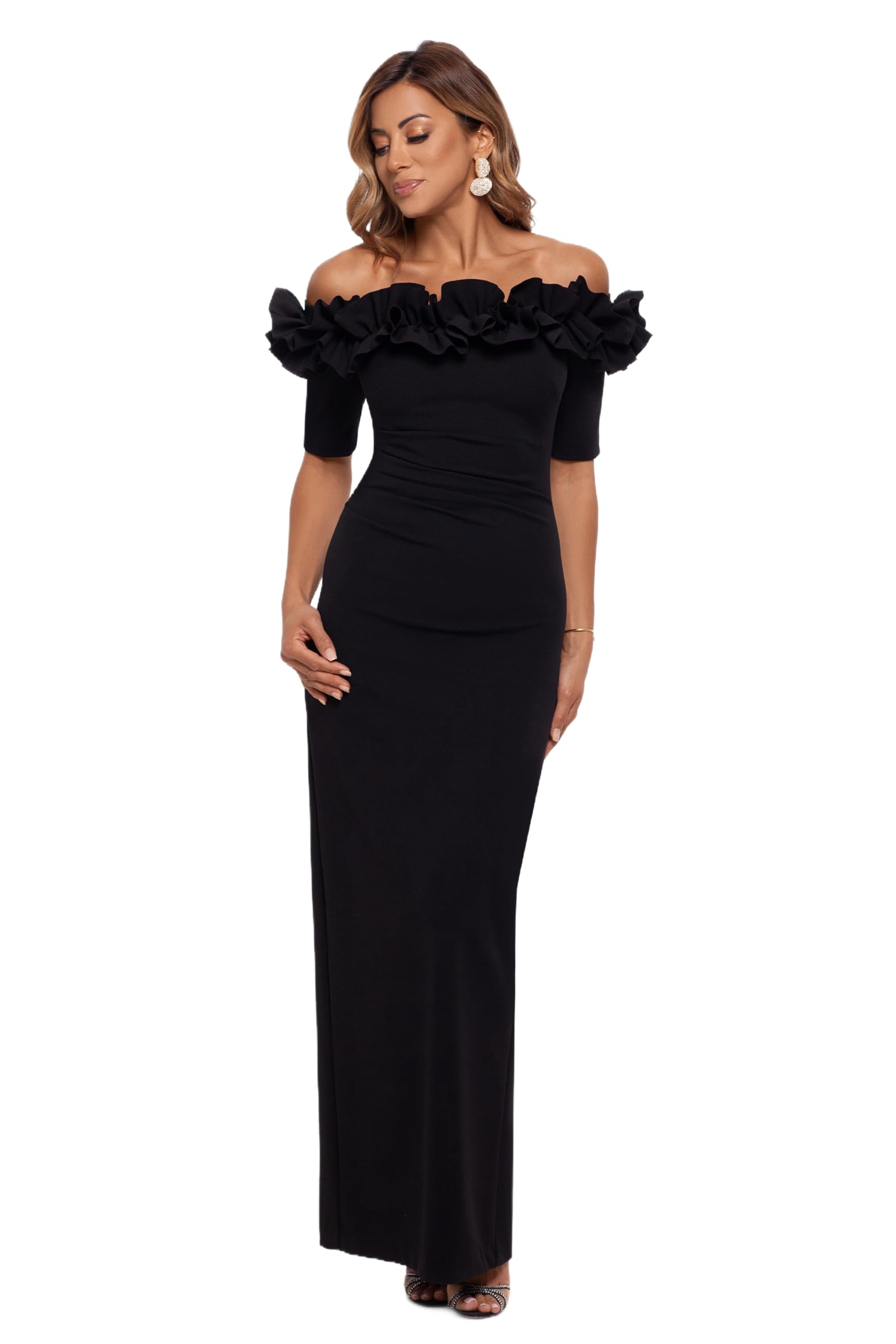 Blyzera Women's Long Off-The-Shoulder Ruffle Neck Formal Evening Gown With Â¾ Sleeves And Back Slit Red