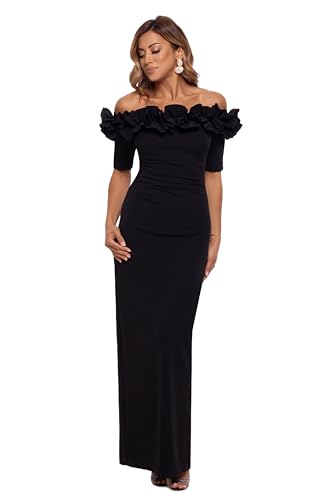 Alternative view of Blyzera Women's Long Off-The-Shoulder Ruffle Neck Formal Evening Gown With Â¾ Sleeves And Back Slit Red