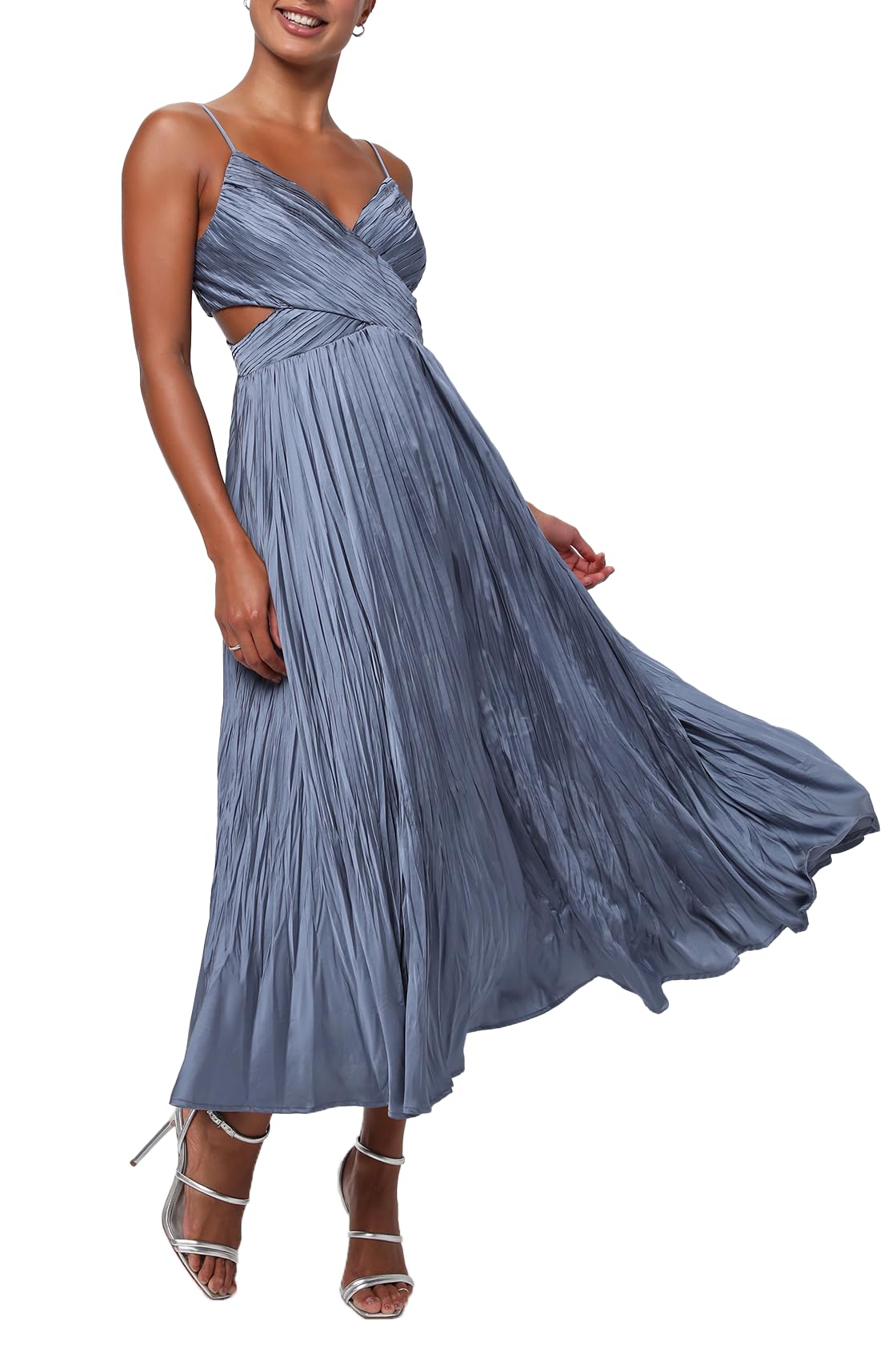 Blyzera Women's Margot Gathered Pleated Satin Midi Dress For Women V Neck Side Cutout Cocktail Wedding Guest Dress