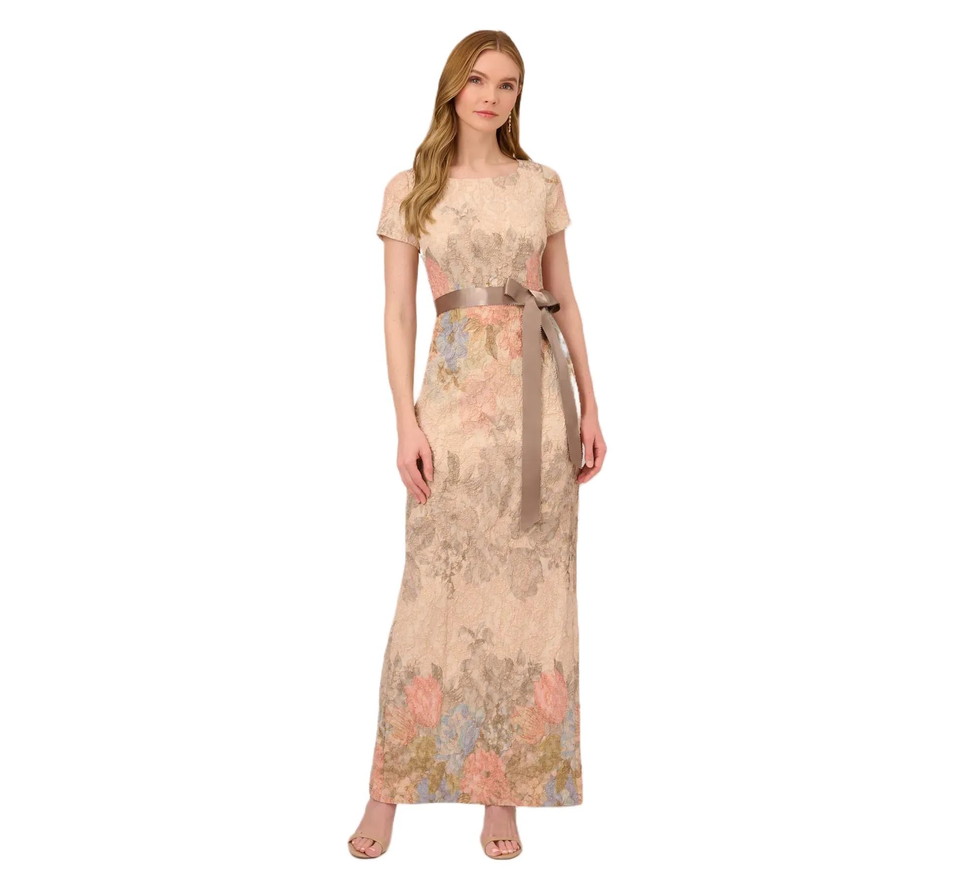 Blyzera Women's Mateleasse Column Gown | Elegant Evening Gown With Floral Design, Back Slit & Cap Sleeves
