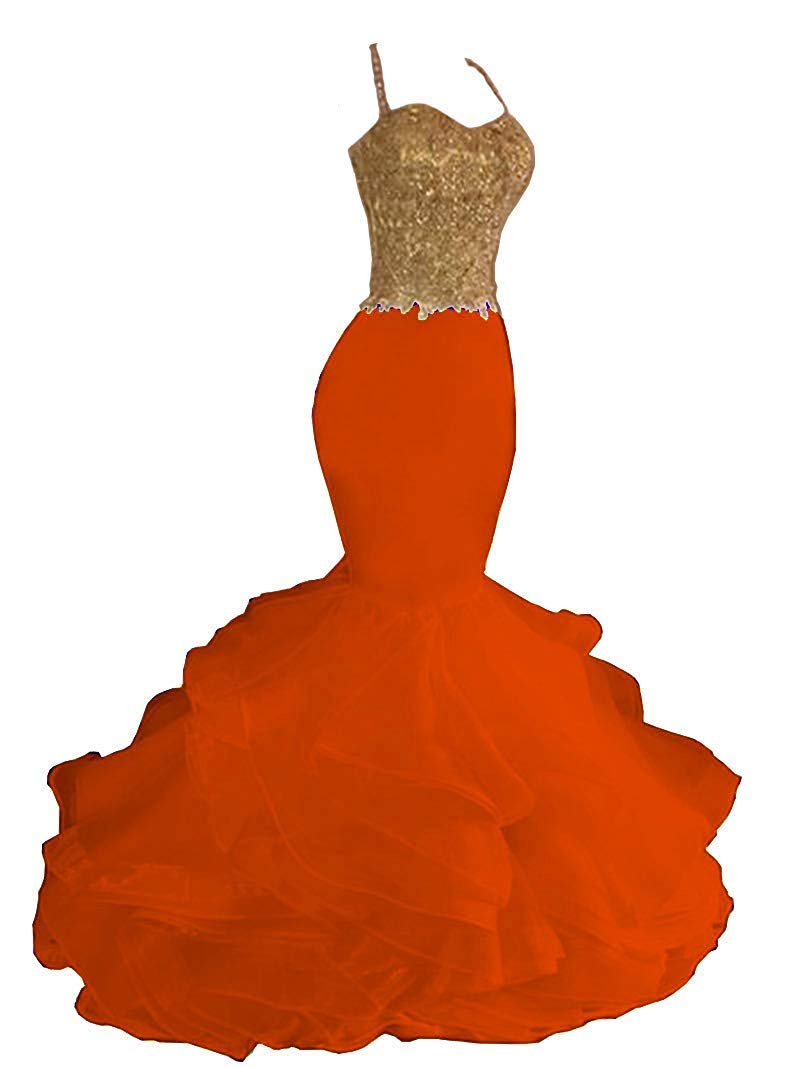 Blyzera Women's Mermaid Gold Lace Spaghetti Strap Organza Prom Dress Elegant