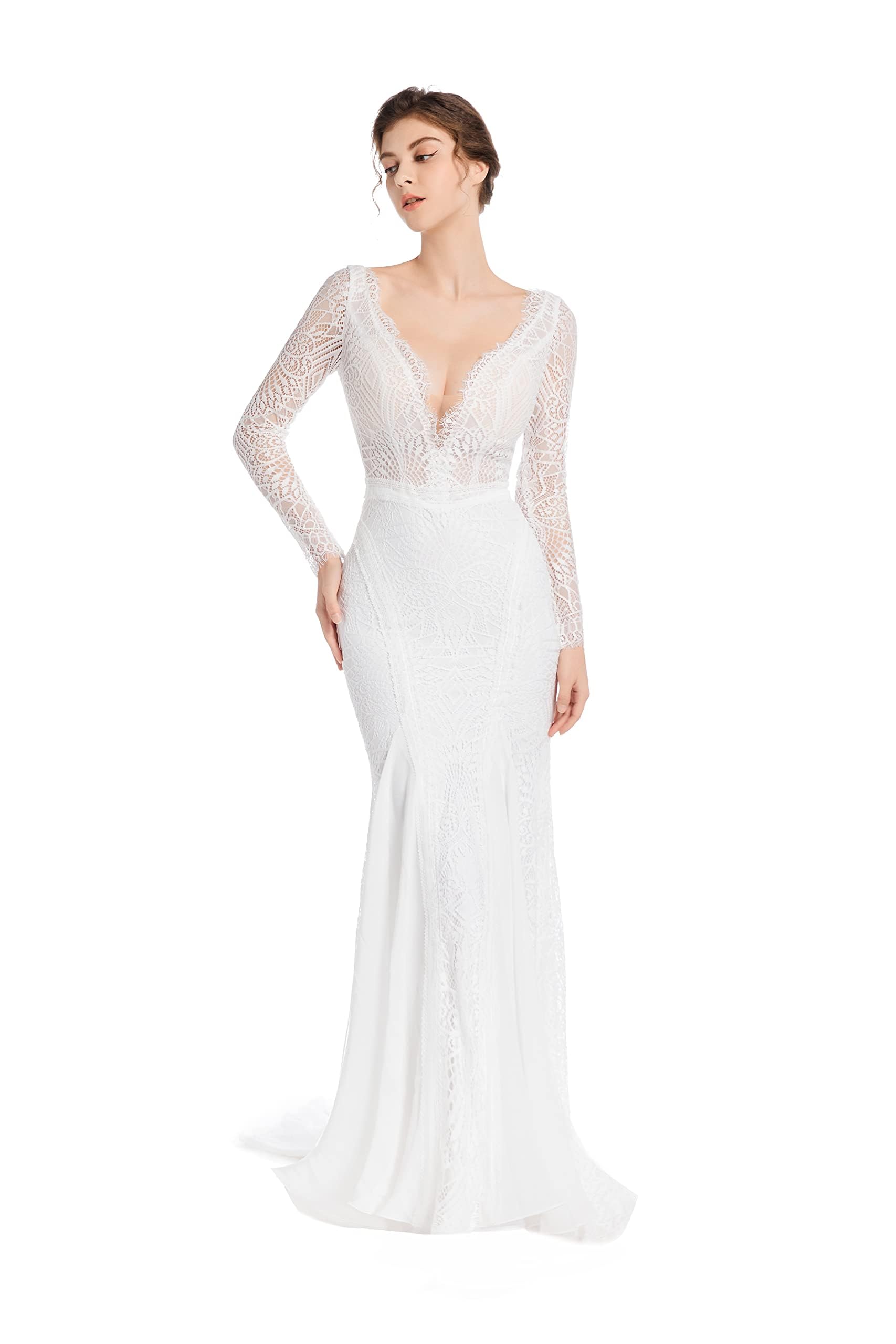Blyzera Women's Mermaid Wedding Dresses For Bride Classy Lace Boho Long Sleeve Open Back Bohemian Wedding Gowns