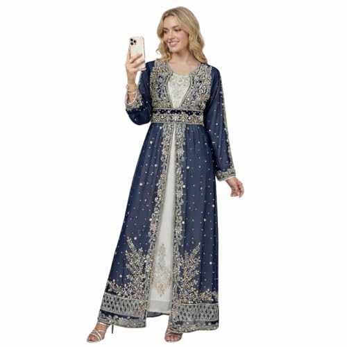 Alternative view of Blyzera Women's Moroccan Kaftan Farasha, Peach With Gold Embroidered Georgette, Long Sleeve
