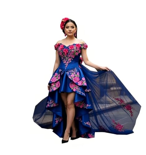 Alternative view of Blyzera Women's Pink Floral Flower Short Front Long Back Mexican Charro Quince Prom Dresses With Ruffles