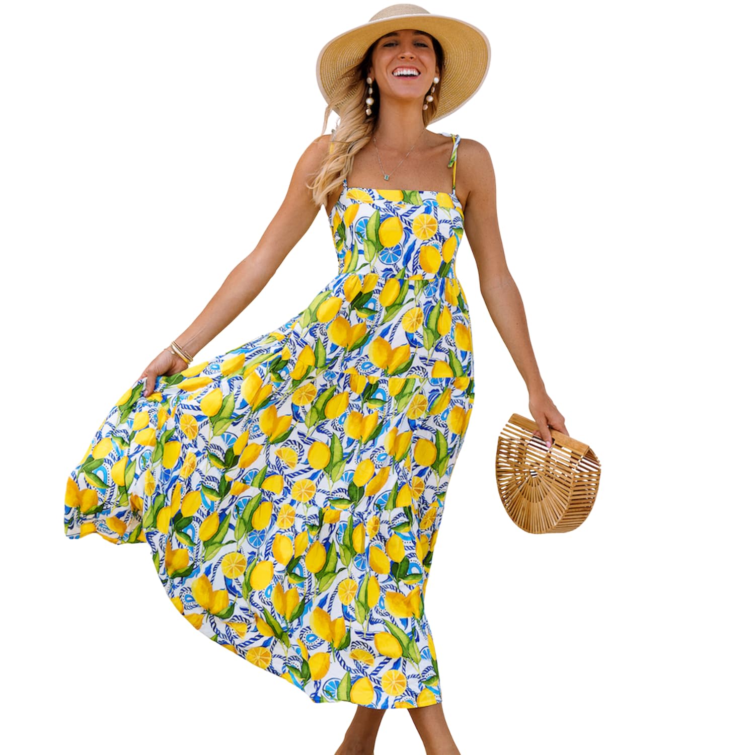 Blyzera Women's Resort Dress, Organic Rayon Maxi Dress, Smocked Back, Adjustable Tie Straps, And Flowy Tiered Bottom