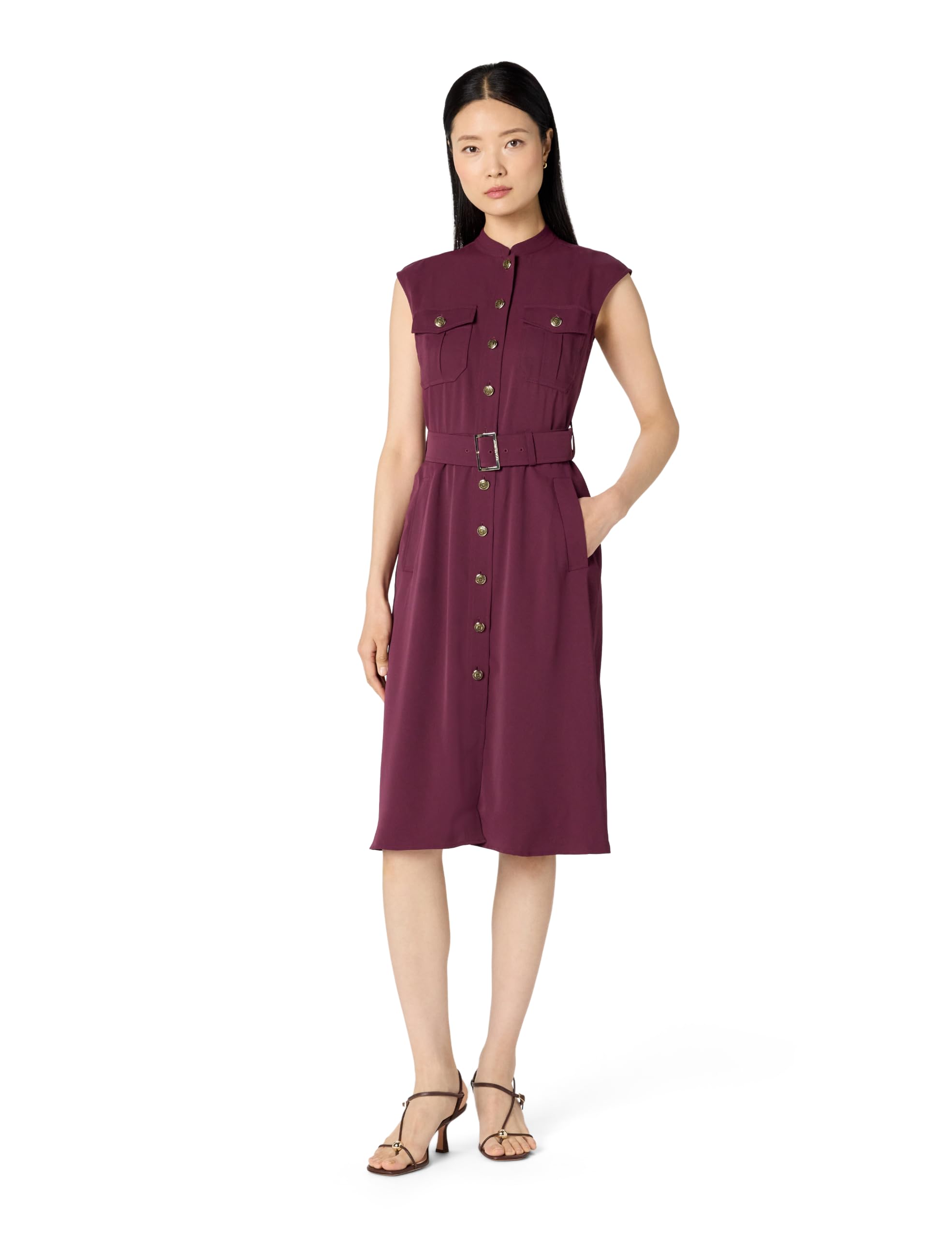 Blyzera Women's Short Sleeve Band Collared Drapey Twill Belted Midi Dress
