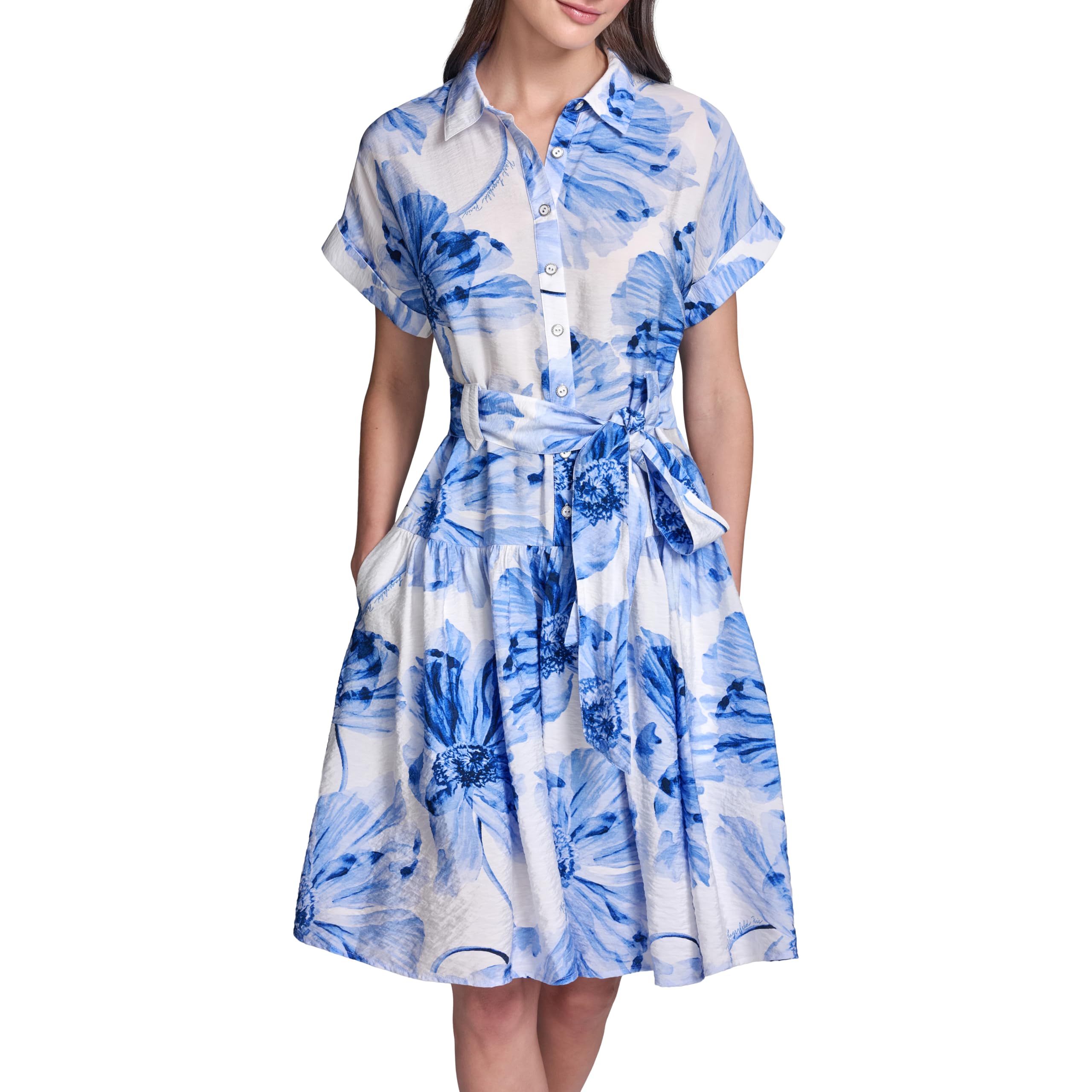 Blyzera Women's Short Sleeve Collar Printed Ecovero Shirt Dress Sash Belt Dress