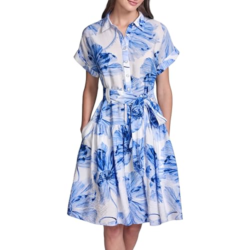 Alternative view of Blyzera Women's Short Sleeve Collar Printed Ecovero Shirt Dress Sash Belt Dress