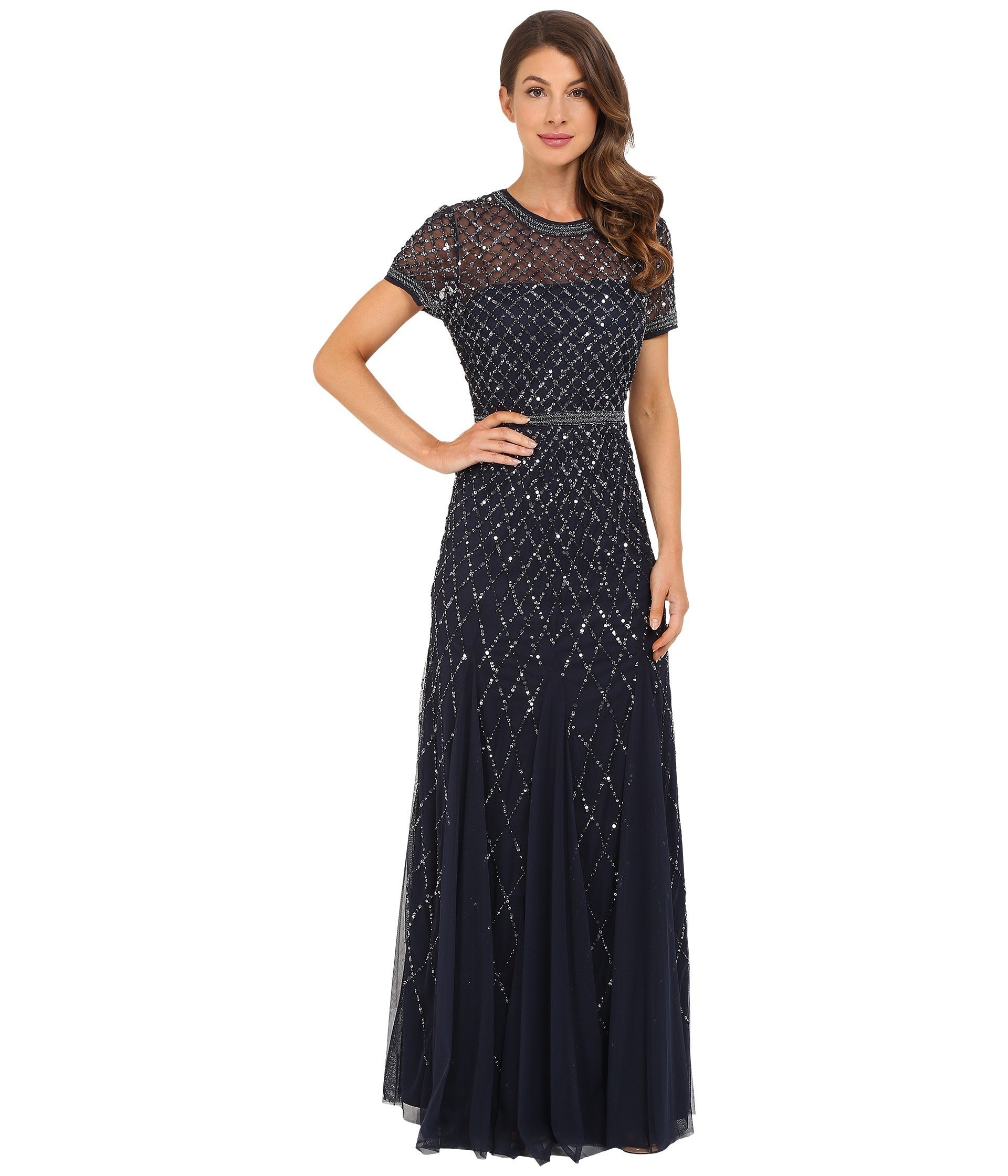 Blyzera Women's Short-Sleeve Grid Beaded Gown Elegant Occasion Party Wear