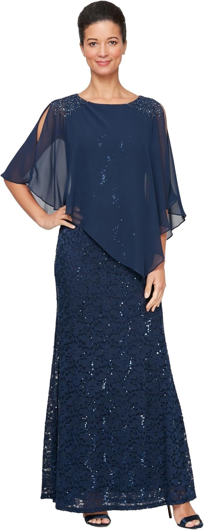 Blyzera Women's S.L. Fashions Long Sequin Lace Beaded Capelet Overlay Mother Of The Bride Dress, Formal Evening Gown Red