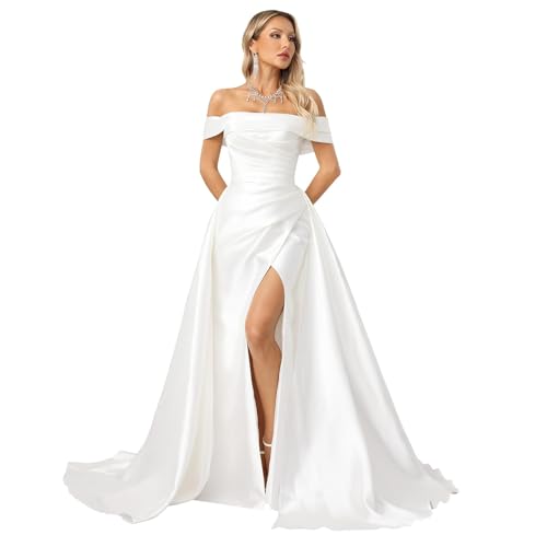 Alternative view of Blyzera Women's Sleeveless Wedding Dresses For Bride Off Shoulder A-Line Satin Bridal Wedding Gown Bridal Sexy Dress