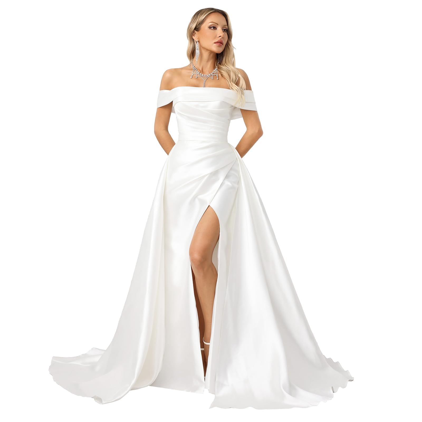 Blyzera Women's Sleeveless Wedding Dresses For Bride Off Shoulder A-Line Satin Bridal Wedding Gown Bridal Sexy Dress