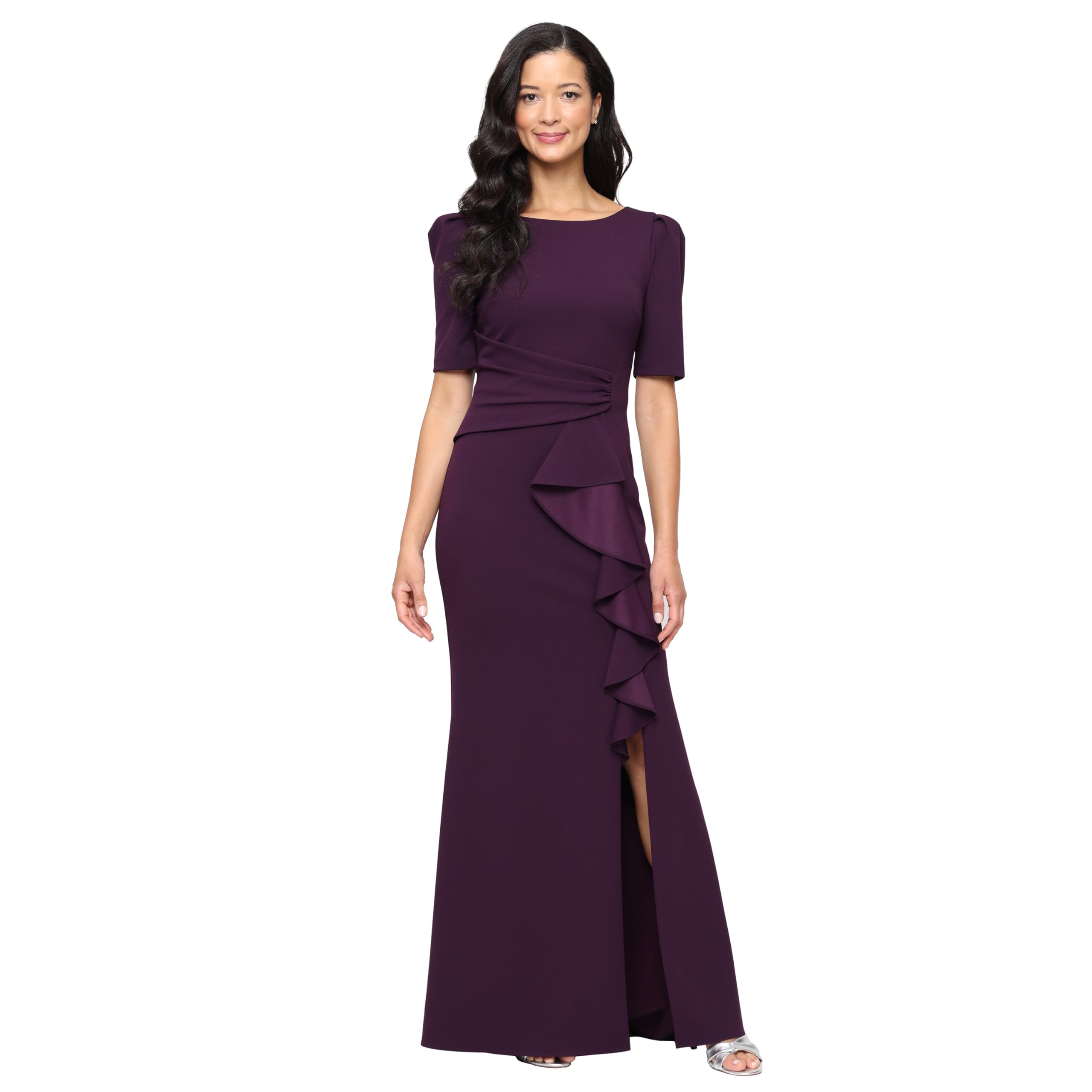 Blyzera Women's Stretch Crepe Dress With Puff Shoulder Elbow Sleeves, Tucked Waist Detail And Cascade Ruffle Chiffon