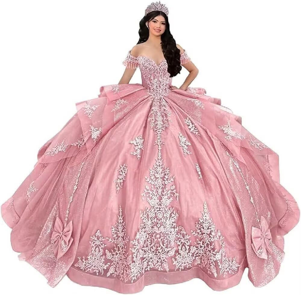 Blyzera Women's Sweetheart Tulle Lace Sweet 15 16 Quinceanera Dresses With Bow Glitter Ruffles Beaded Ball Gown Vestidos