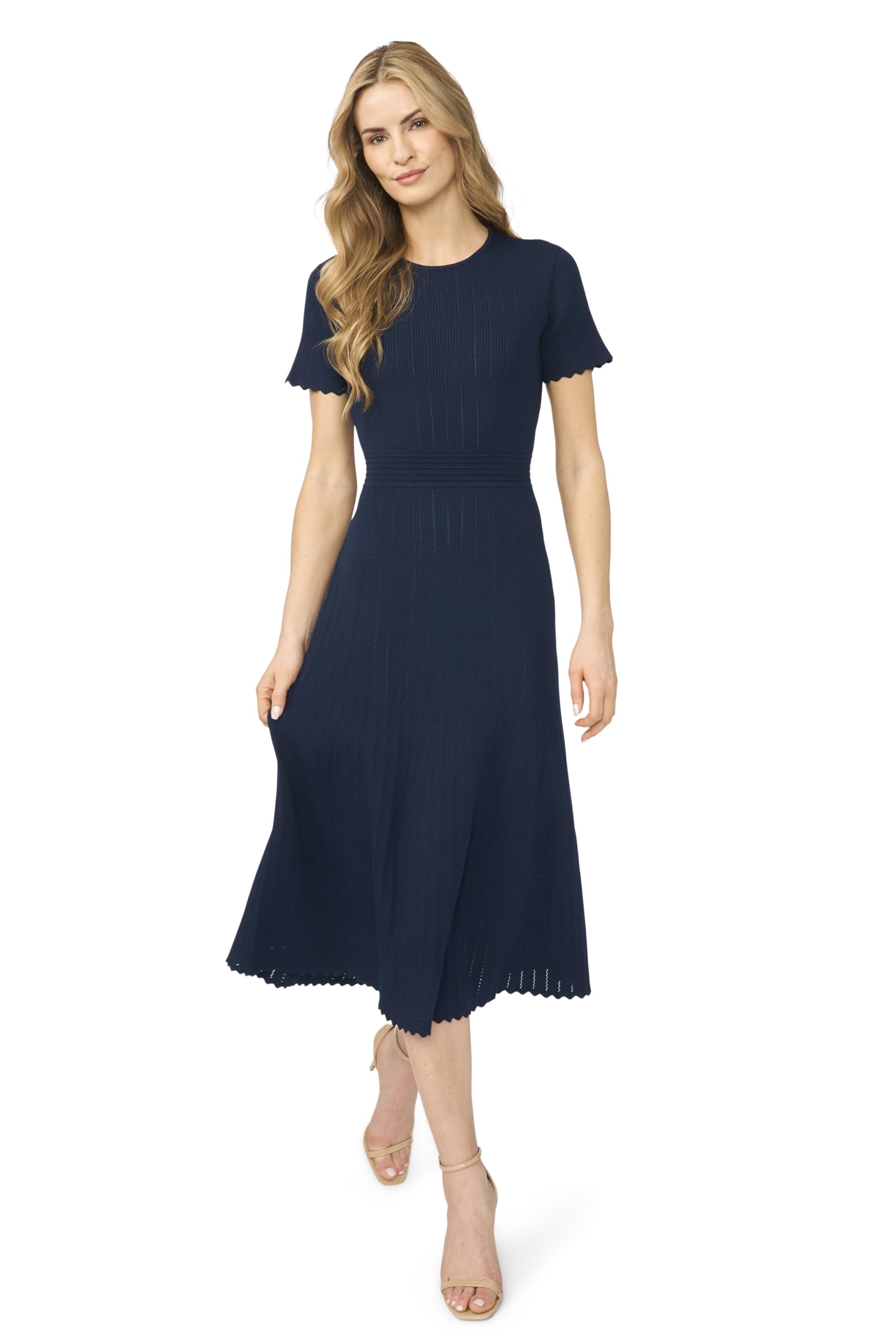 Blyzera Women's Ted Baker Ribbed Pointelle Short Sleeve Crew Neck Midi Dress
