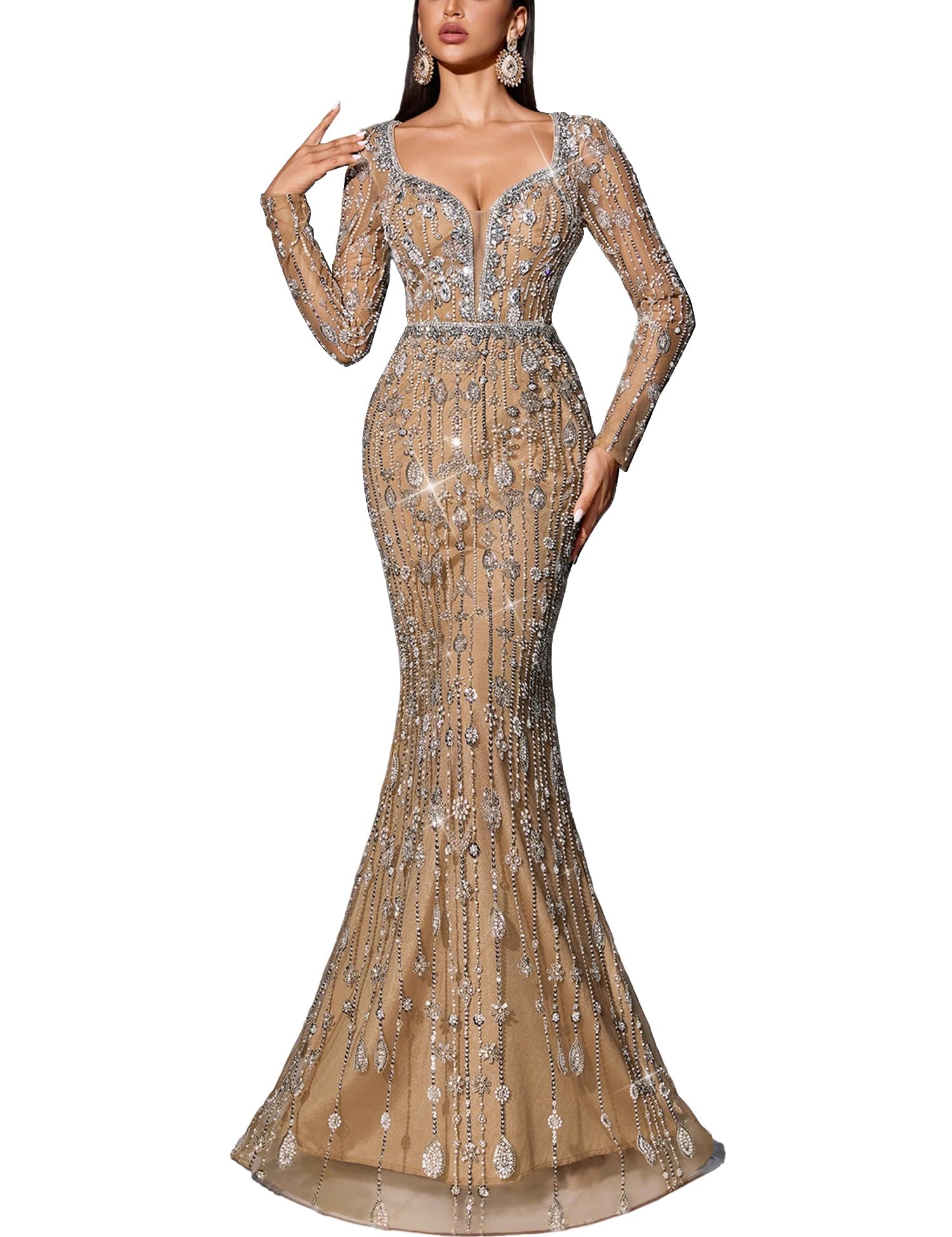 Blyzera Women's V-Neck Sequin Beaded Mermaid Prom Dress Long Sleeve Formal Evening Gown Bodycon Wedding Guest Party Maxi