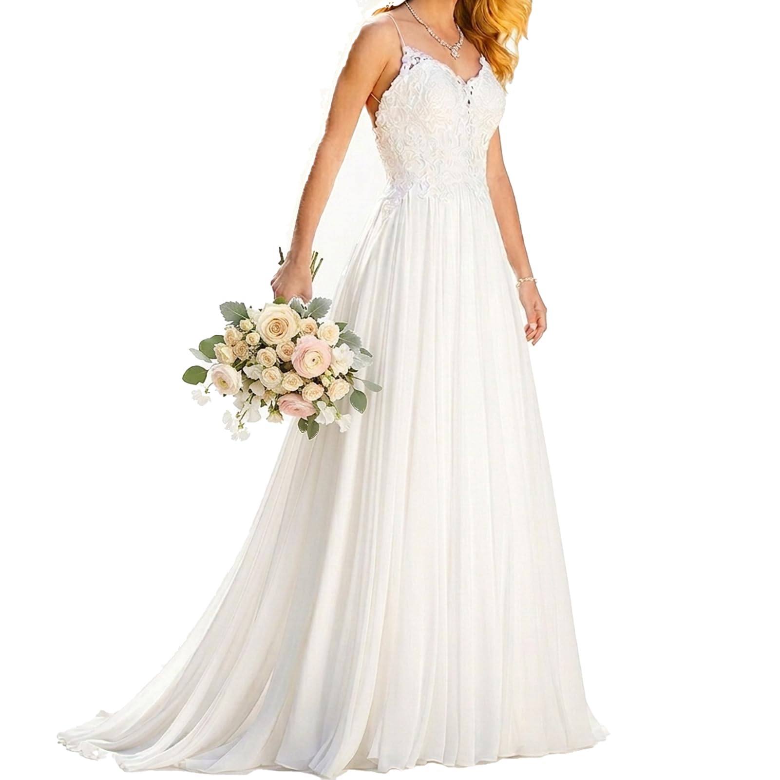 Blyzera Women's Wedding Dress For Bride,Beach Vintage A Line Backless Boho Lace Summer Wedding Dresses White Chiffon