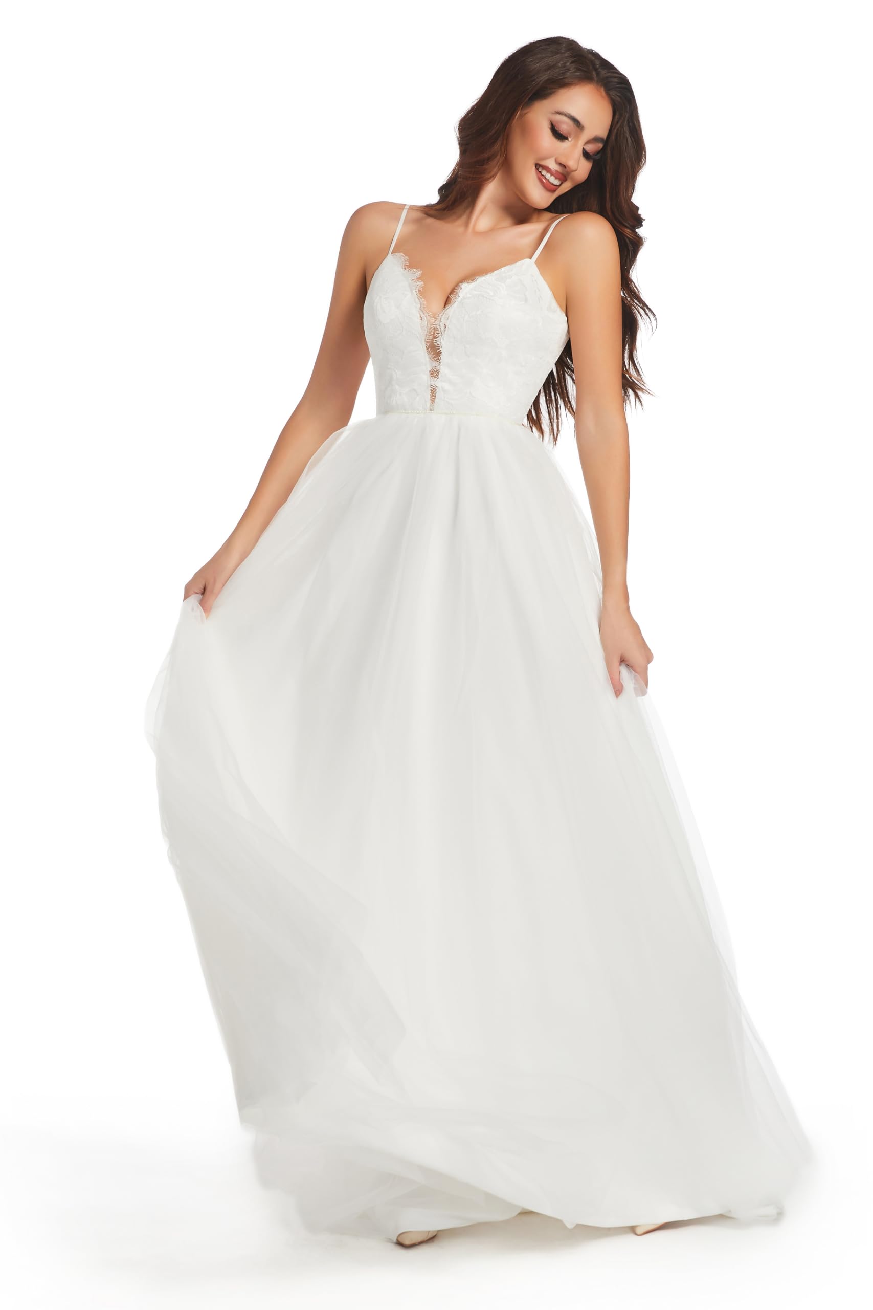 Blyzera Women's Wedding Dresses For Bride Unique Lace Beautiful Layers Tulle A Line Dreamy Beach Wedding Gowns Chiffon