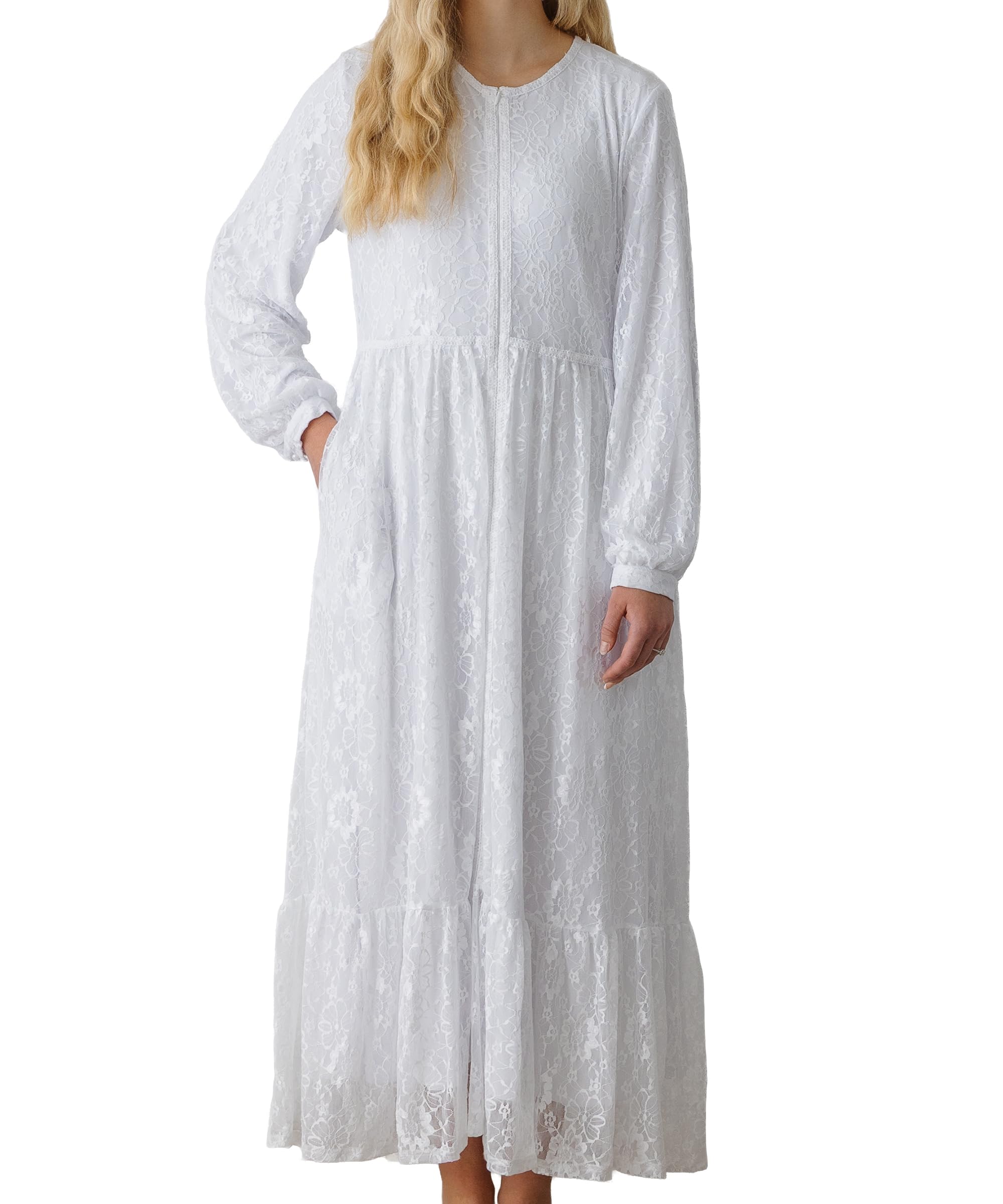 Blyzera Women's White Front Zip Temple Dress | Easy Care| Floral Lace | Side Pockets | Full-Length | High Waist