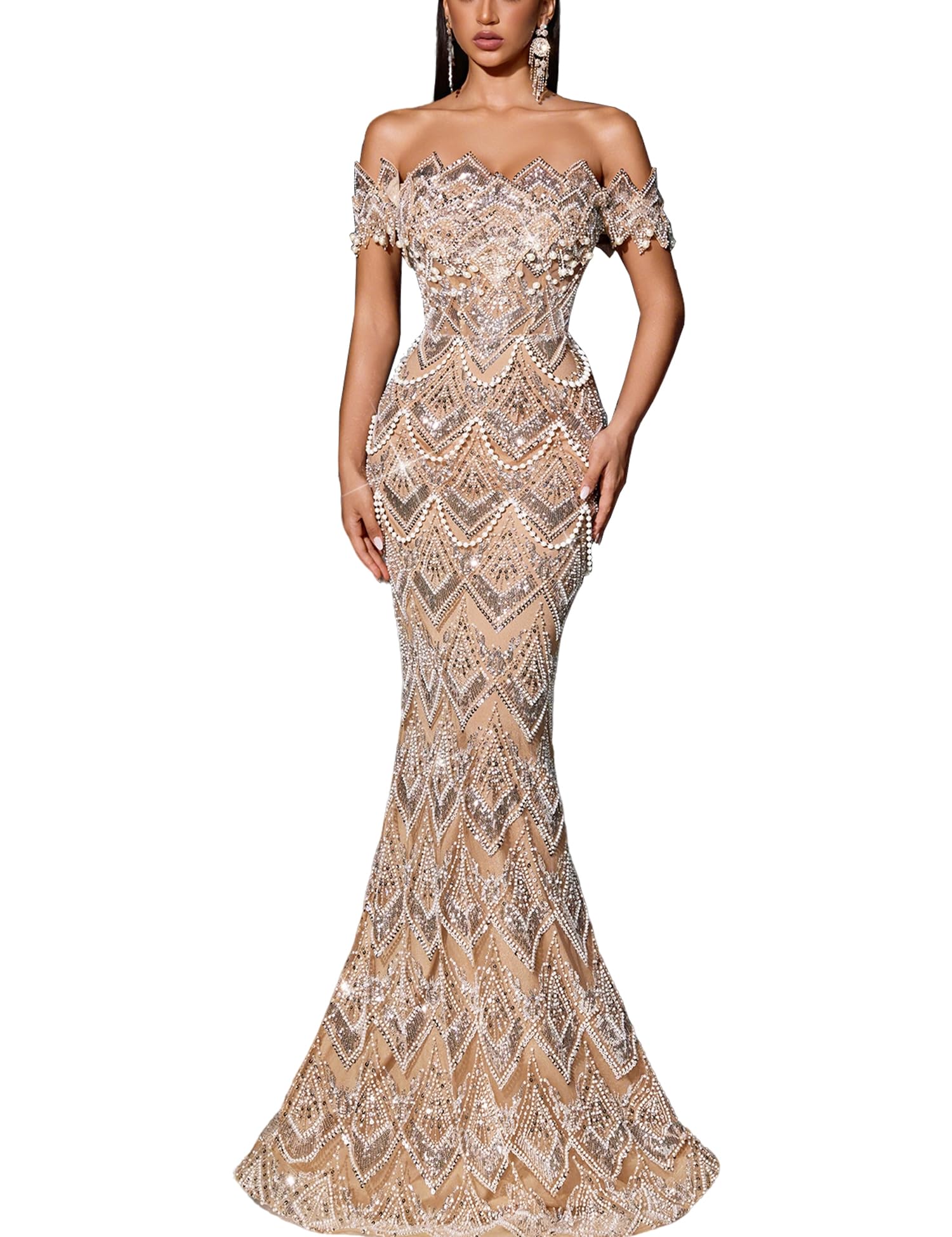 Blyzera Women's Women Off Shoulder Sequin Mermaid Evening Dress Lace Up Back Formal Gown Beaded Bodycon Prom Dress Party