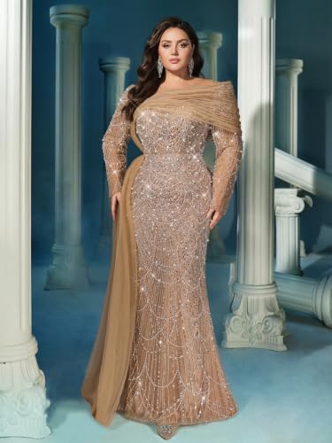 Blyzera Women's Women Plus Size Sequin Evening Gown Long Sleeve Mermaid Formal Dress Beaded Glitter Prom Dress Bodycon - Image 8