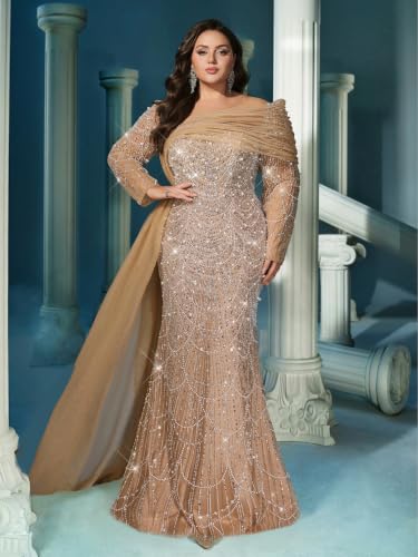 Blyzera Women's Women Plus Size Sequin Evening Gown Long Sleeve Mermaid Formal Dress Beaded Glitter Prom Dress Bodycon - Image 5